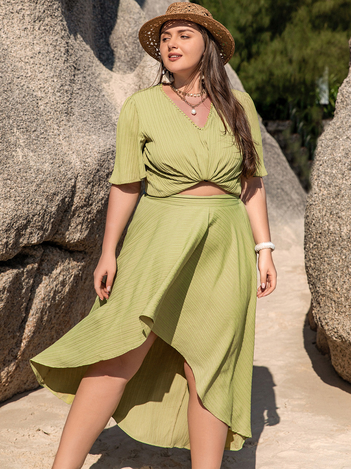 Plus Size V Neck Half Sleeve Top and High Low Skirt Set