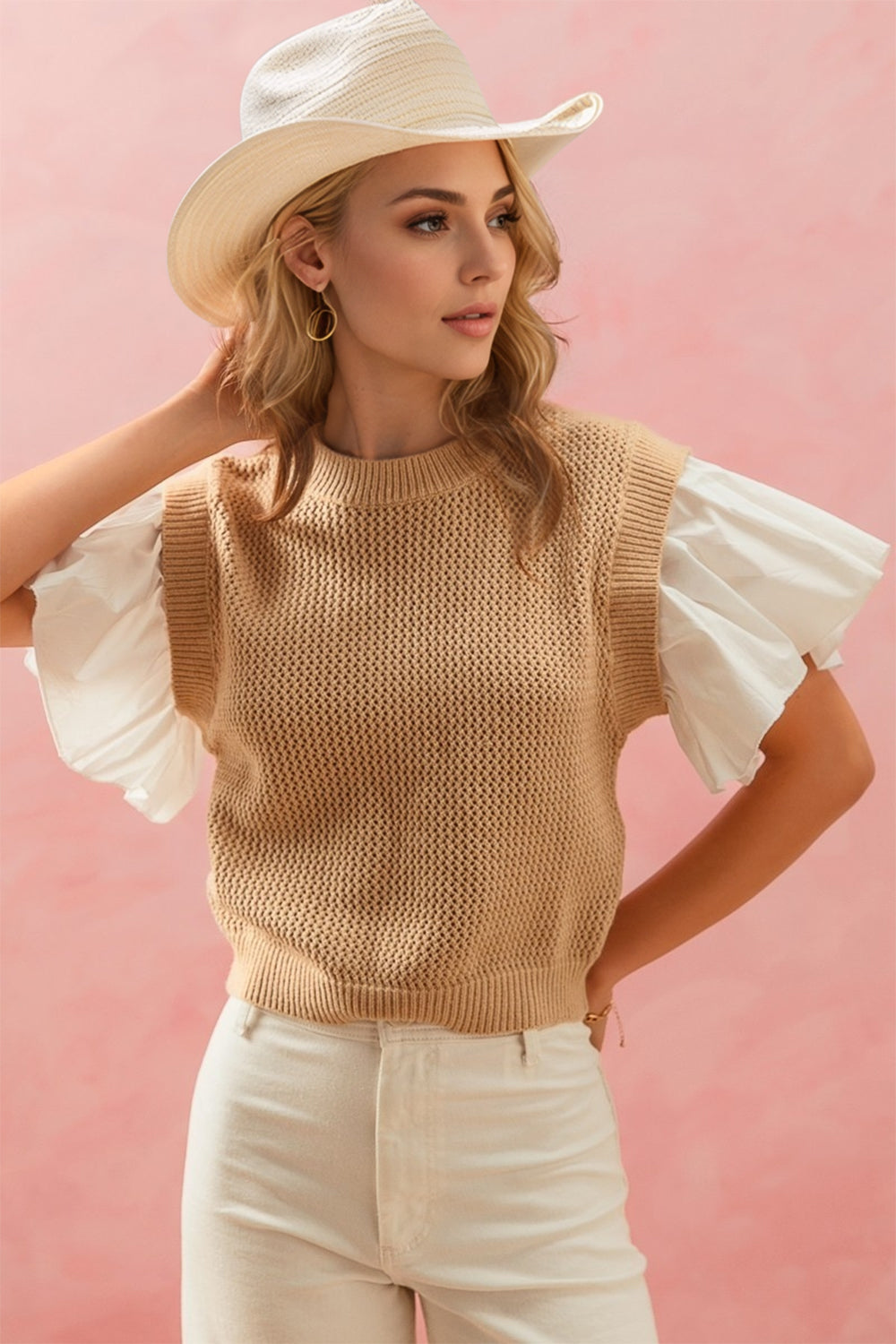 Judy Ruffled Round Neck Short Sleeve Sweater