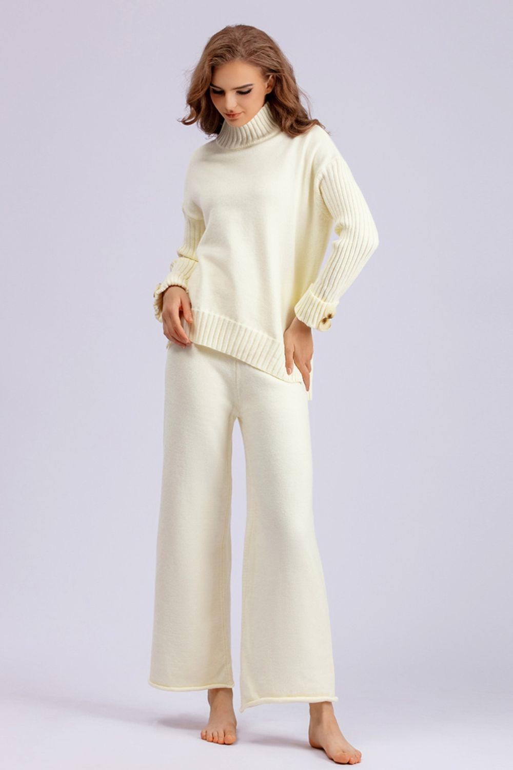 Carrie High- Low Turtleneck Long Sleeve Top and Pants Sweater Set