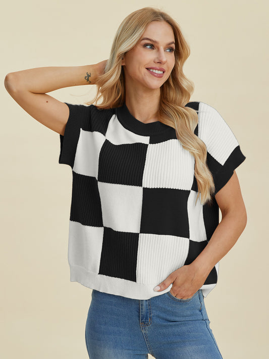 Carlee Checkered Round Neck Short Sleeve Sweater