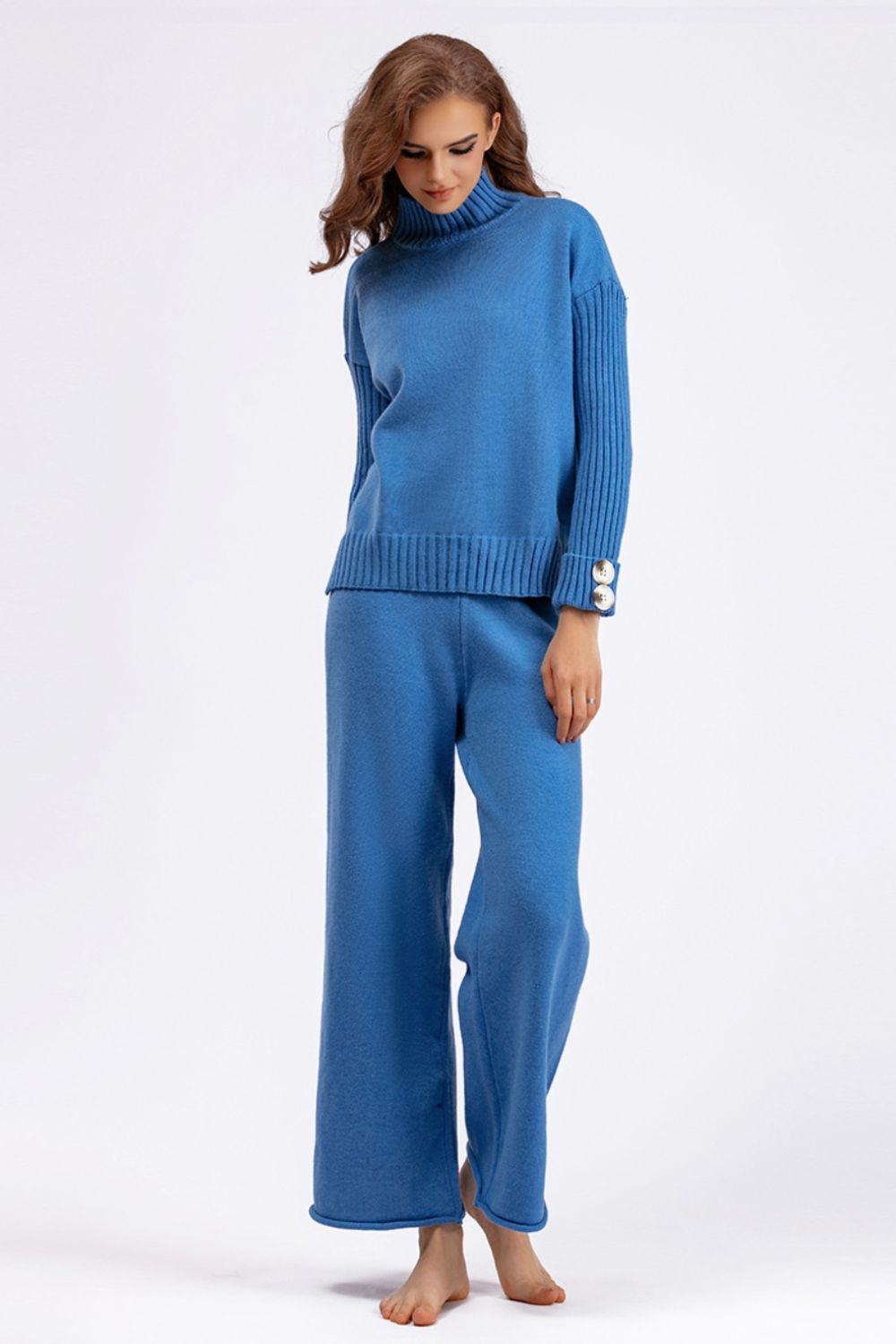 Carrie High- Low Turtleneck Long Sleeve Top and Pants Sweater Set