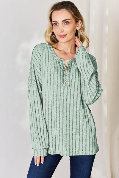 Cila Ribbed Half Button Long Sleeve T-Shirt