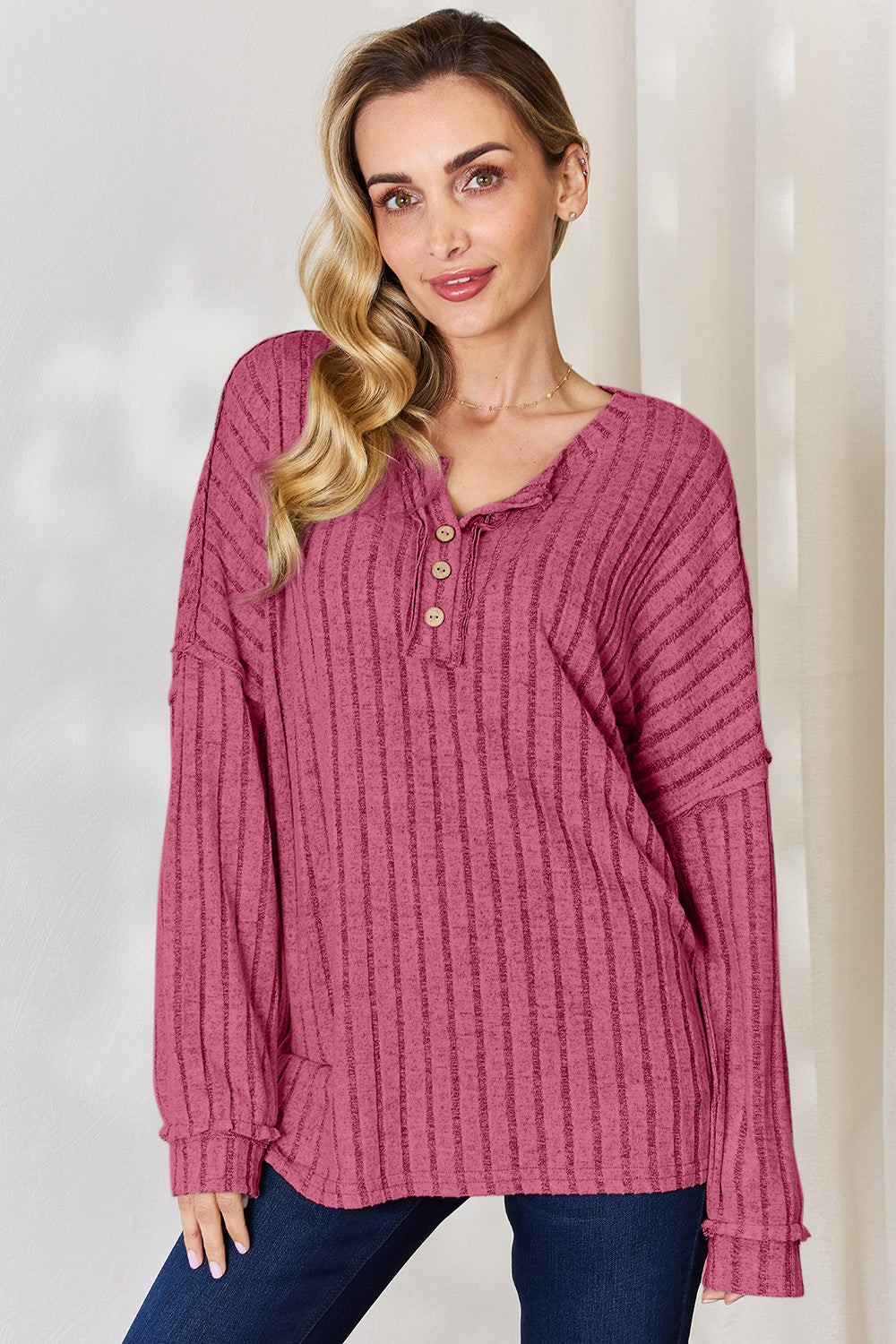 Cila Ribbed Half Button Long Sleeve T-Shirt