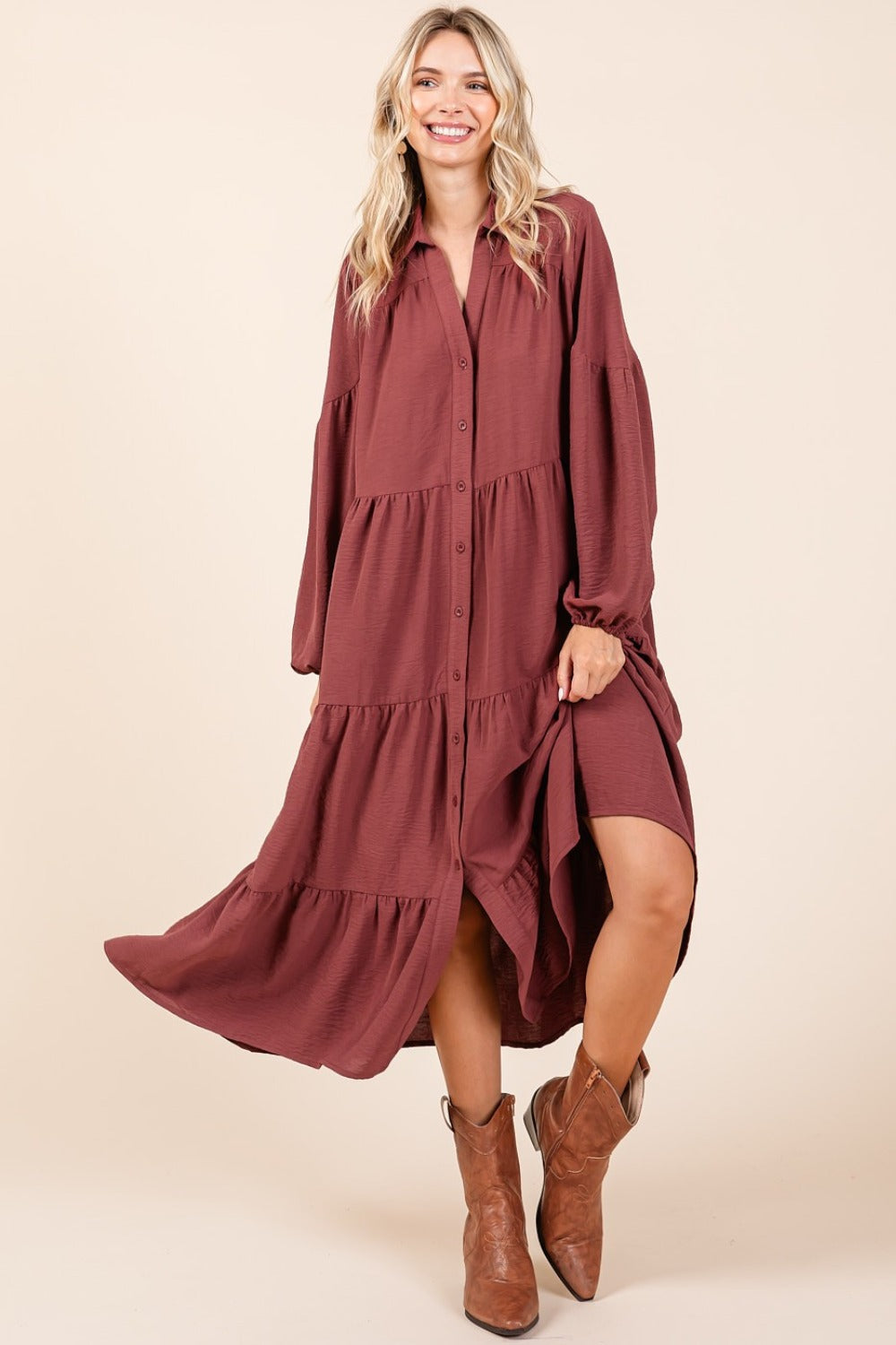 Mitta Tiered Button Down Long Sleeve Midi Dress