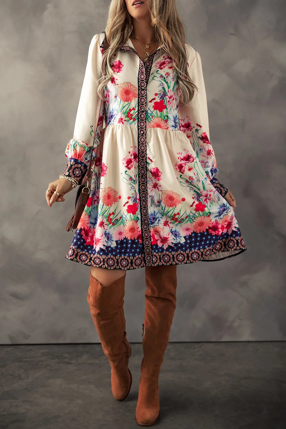 Milana Flower Button Down Lantern Sleeve Dress