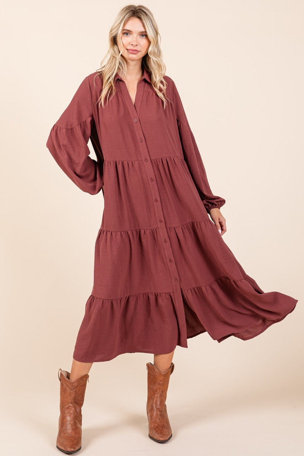 Mitta Tiered Button Down Long Sleeve Midi Dress