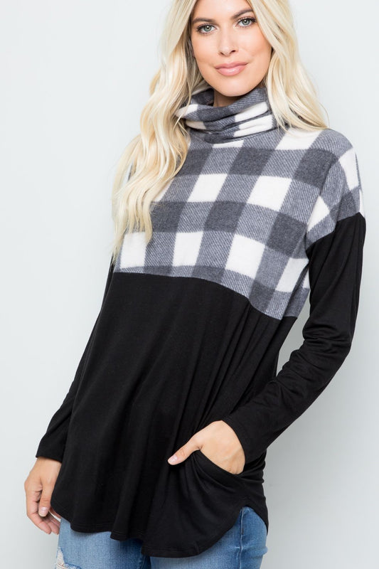 Pocketed Plaid Turtleneck Long Sleeve Blouse