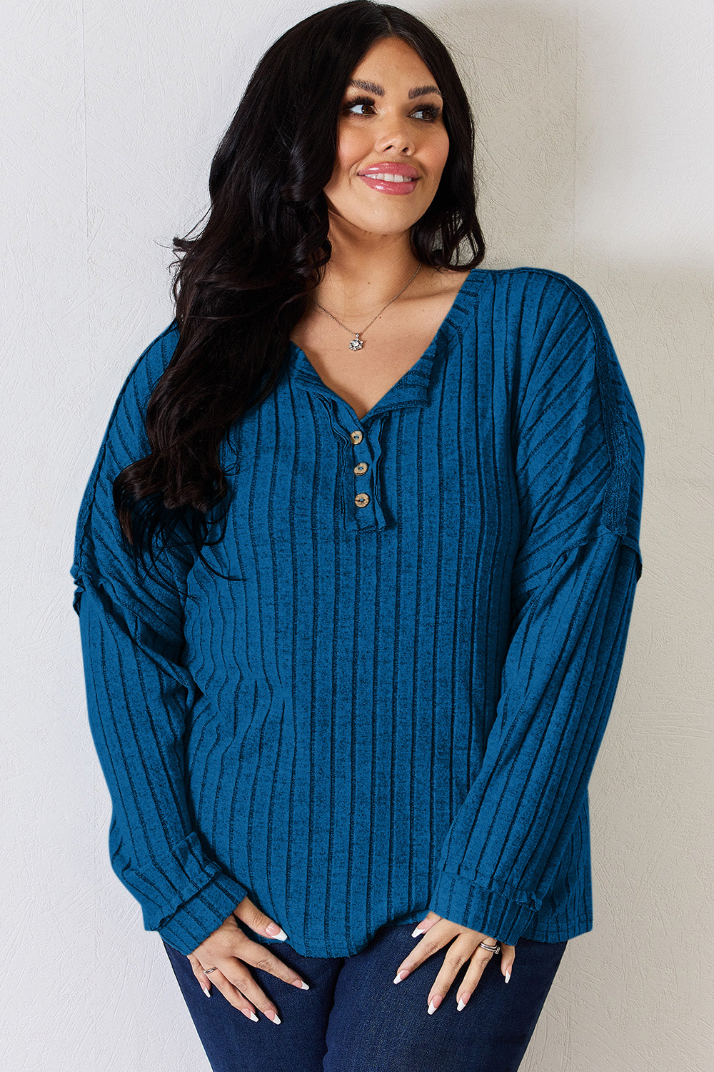 Cila Ribbed Half Button Long Sleeve T-Shirt