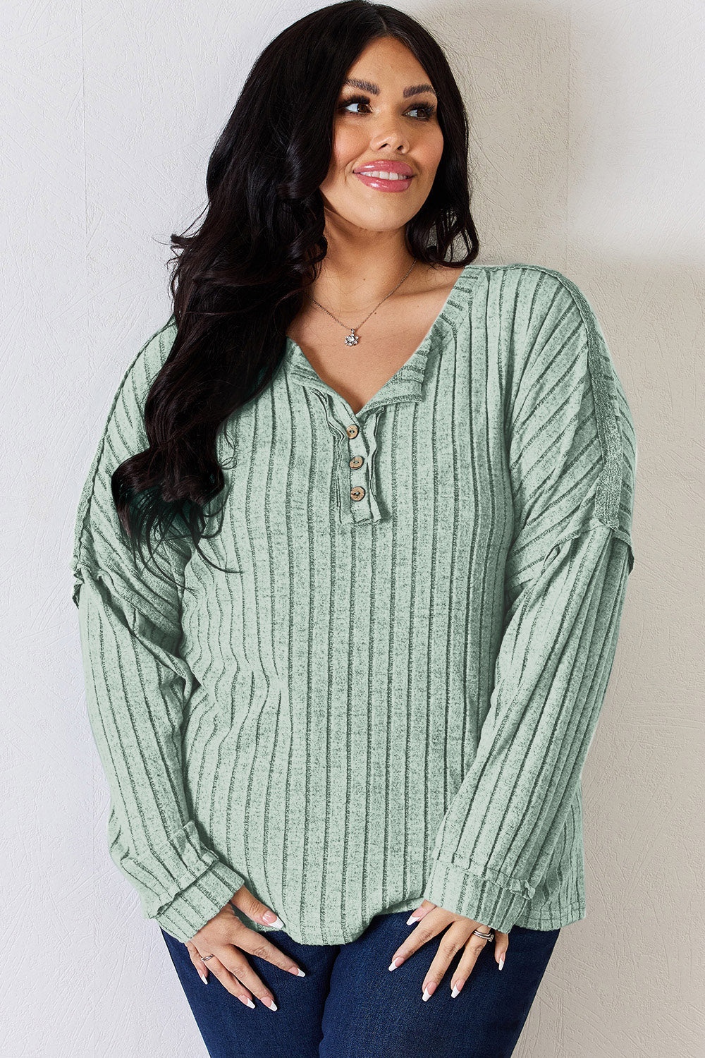 Cila Ribbed Half Button Long Sleeve T-Shirt