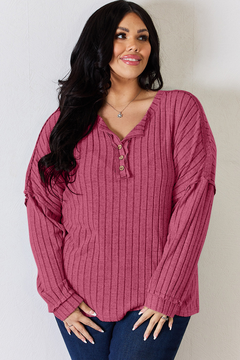 Cila Ribbed Half Button Long Sleeve T-Shirt