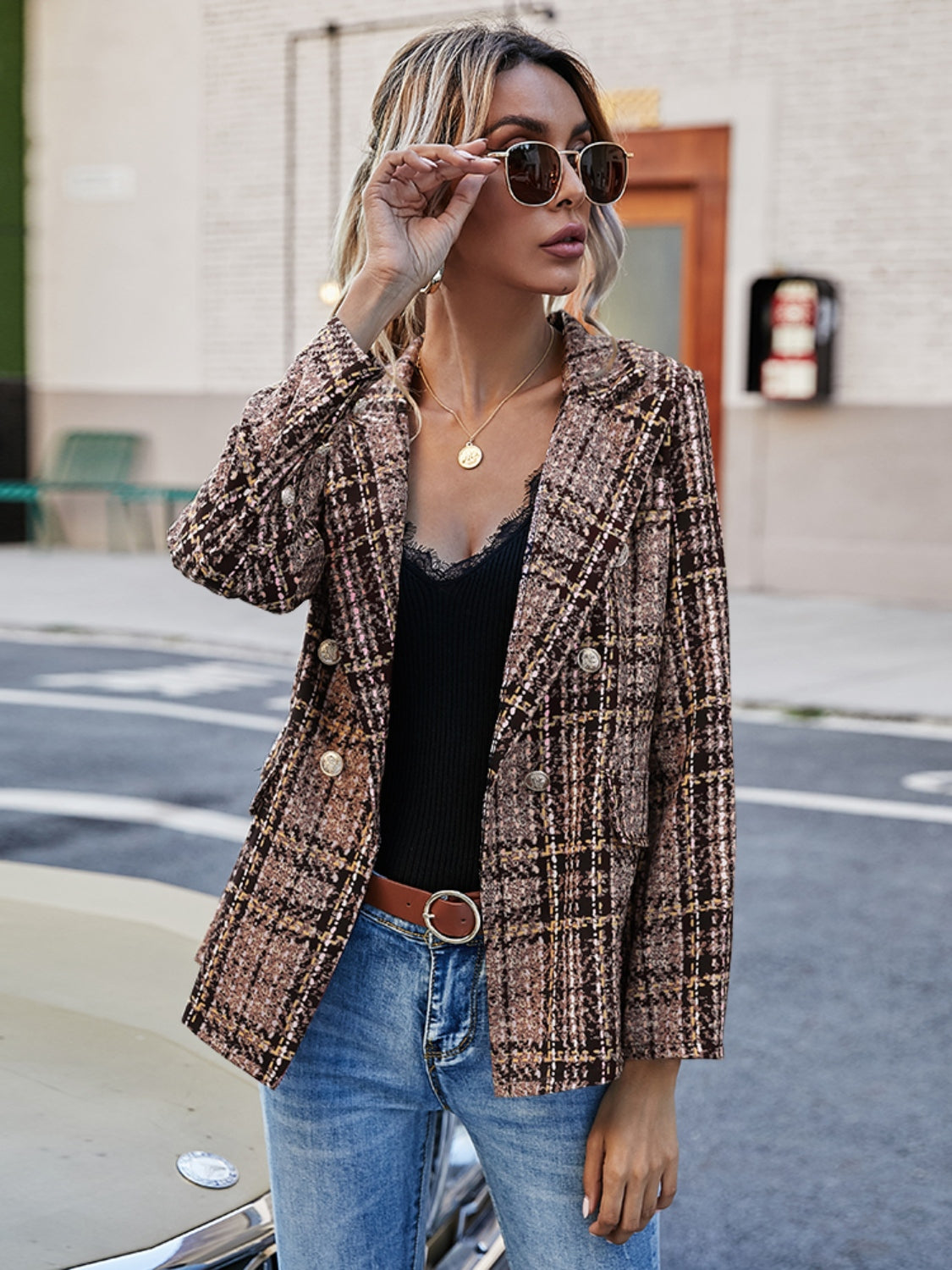 Plaid Lapel Collar Blazer