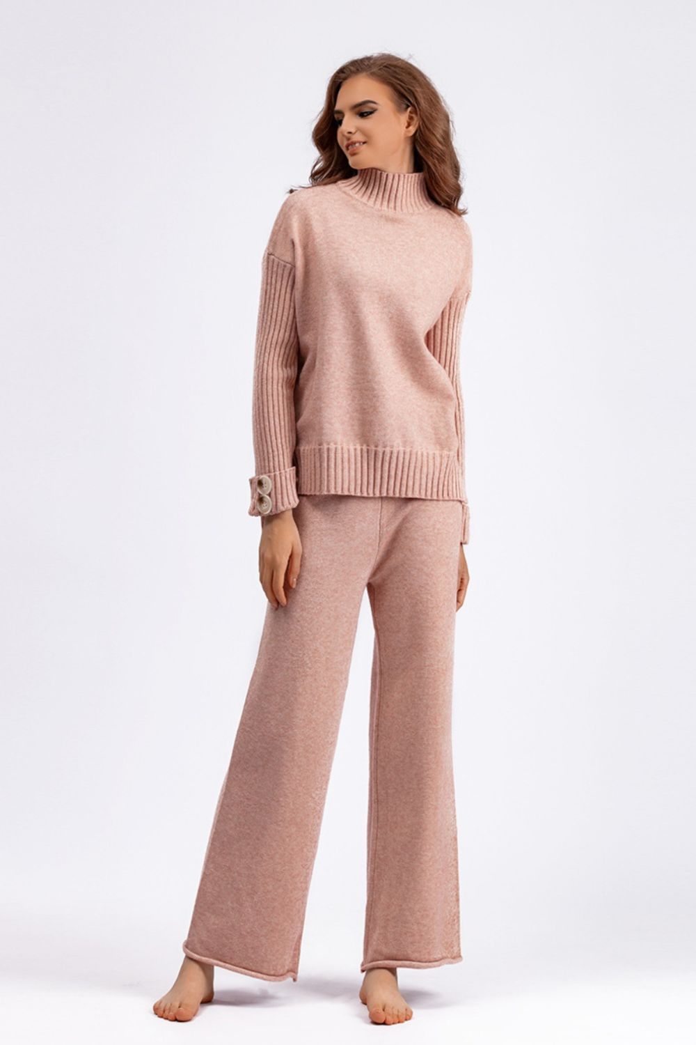 Carrie High- Low Turtleneck Long Sleeve Top and Pants Sweater Set