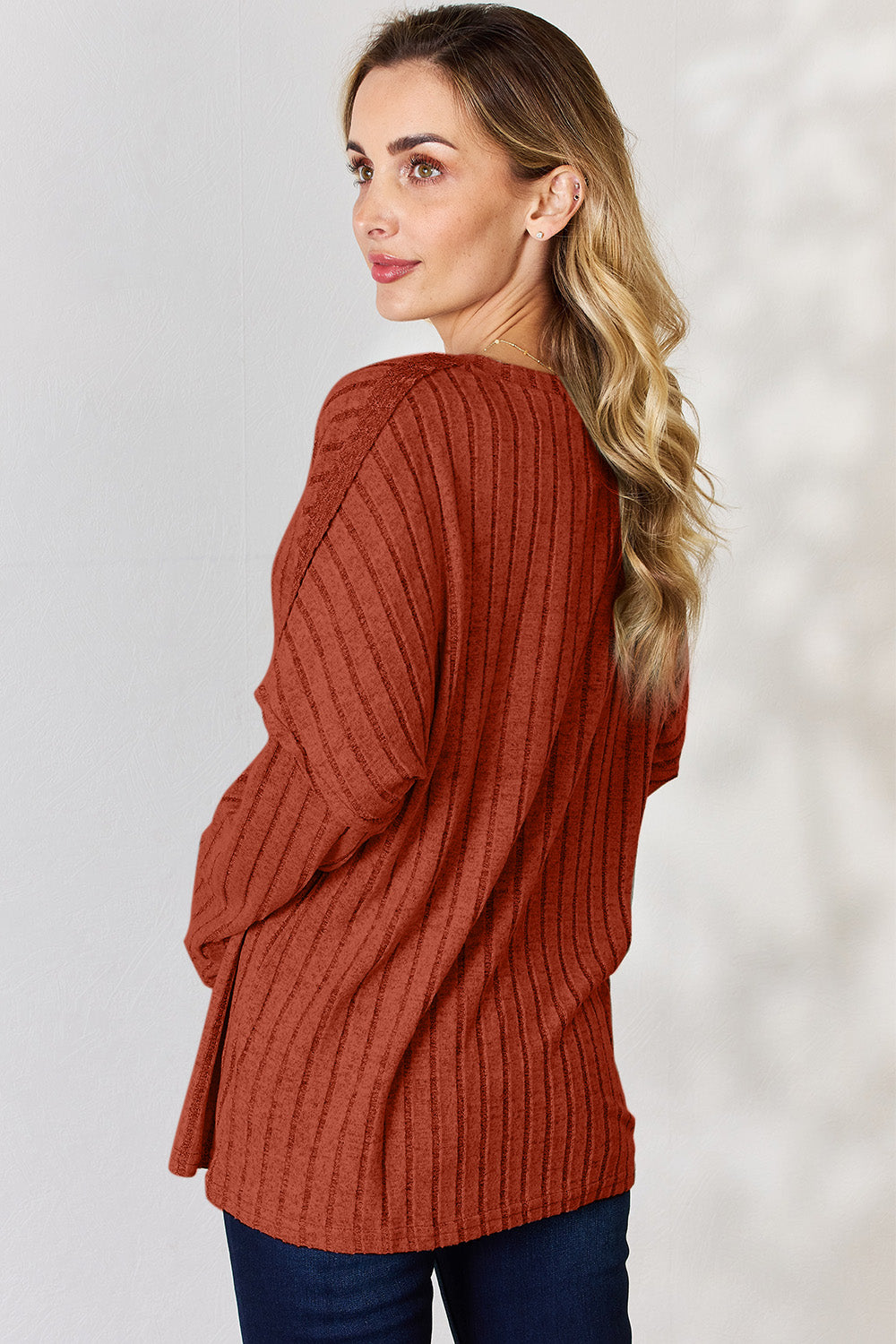 Cila Ribbed Half Button Long Sleeve T-Shirt