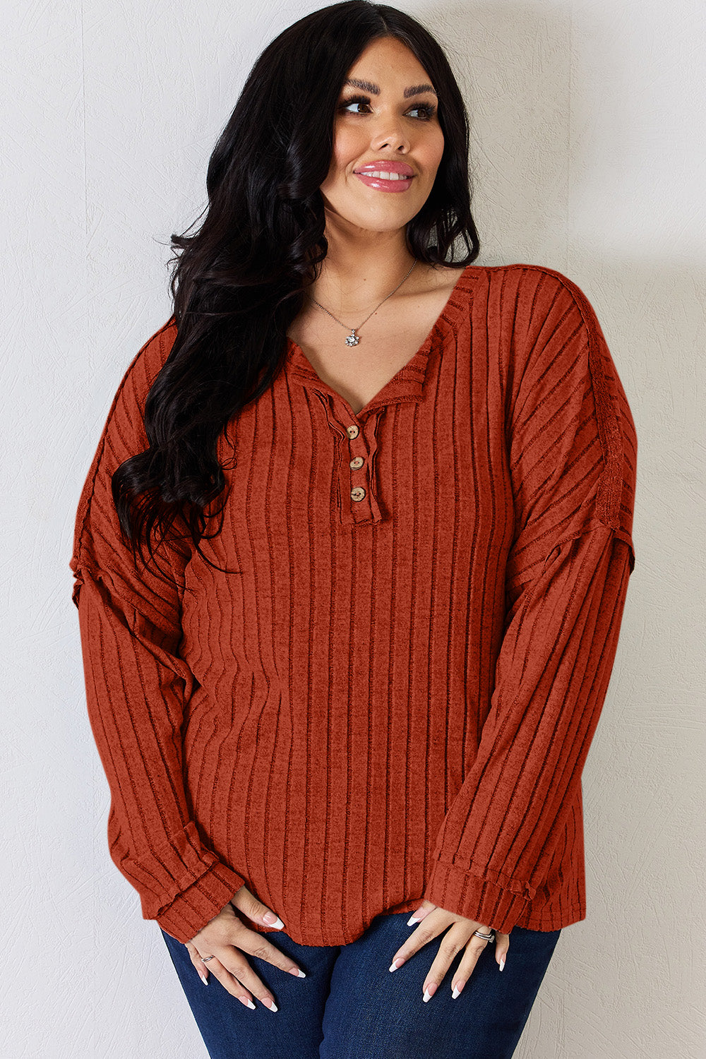 Cila Ribbed Half Button Long Sleeve T-Shirt