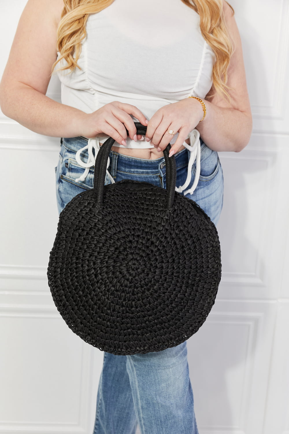 Straw Rattan Handbag in Black