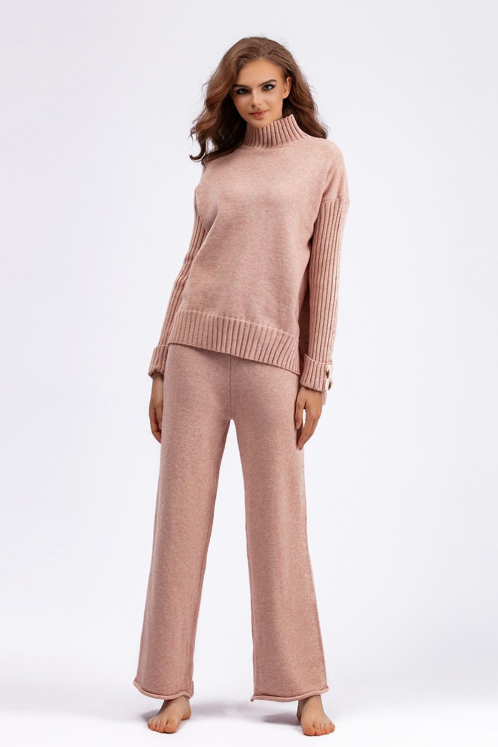 Carrie High- Low Turtleneck Long Sleeve Top and Pants Sweater Set