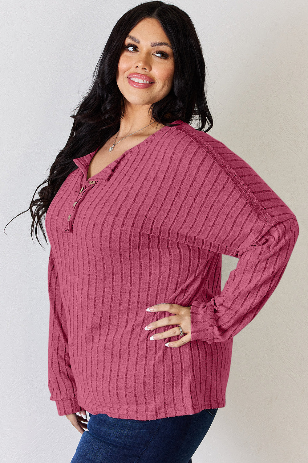 Cila Ribbed Half Button Long Sleeve T-Shirt