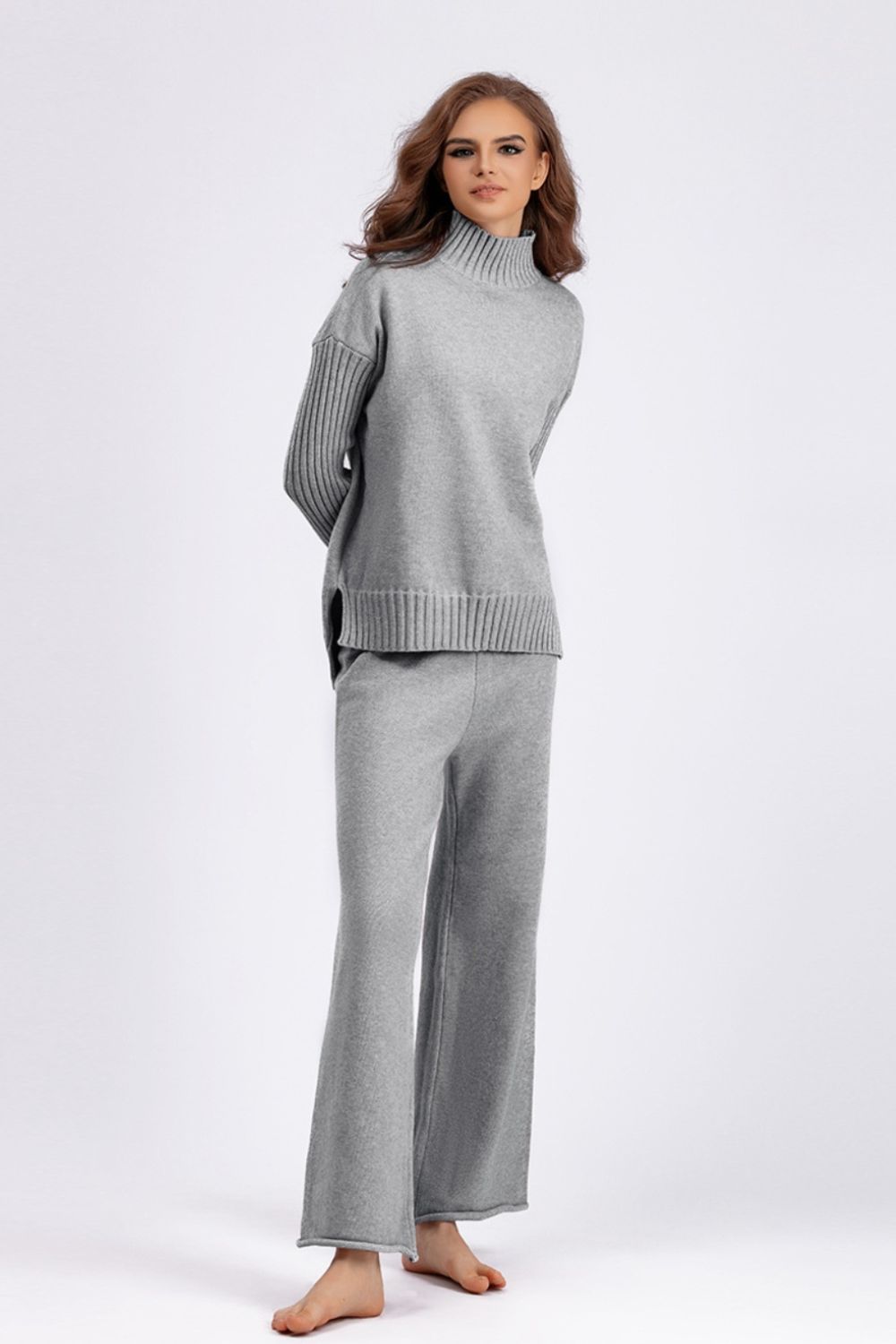 Carrie High- Low Turtleneck Long Sleeve Top and Pants Sweater Set