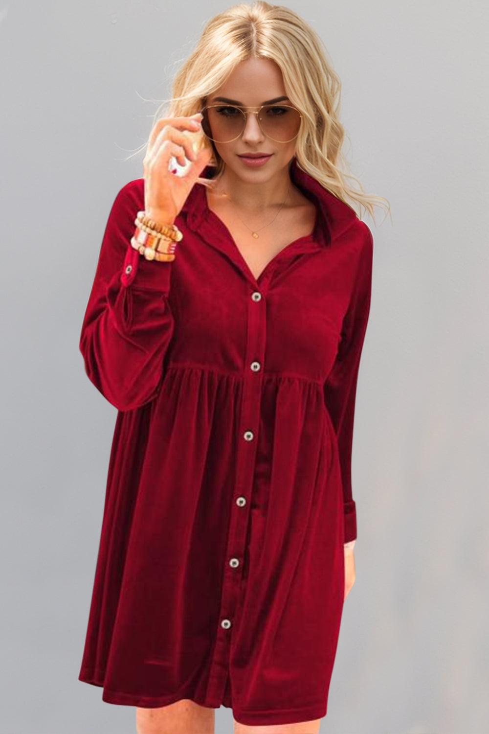 Collared Neck Long Sleeve Mini Dress