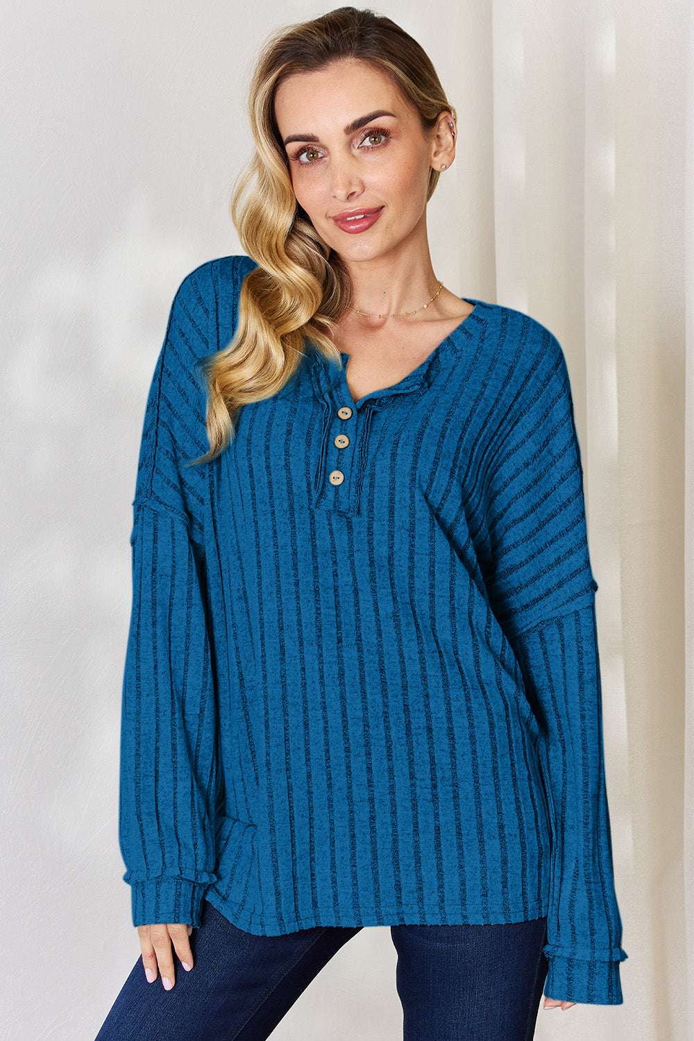 Cila Ribbed Half Button Long Sleeve T-Shirt