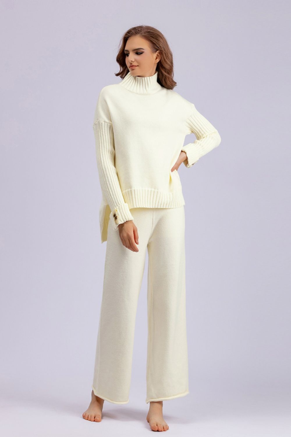 Carrie High- Low Turtleneck Long Sleeve Top and Pants Sweater Set