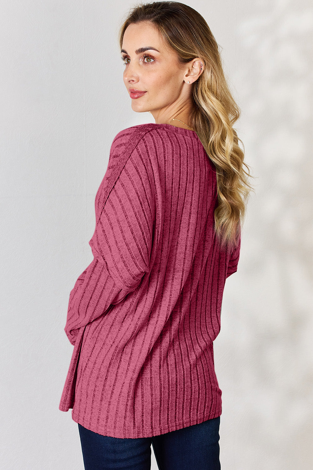 Cila Ribbed Half Button Long Sleeve T-Shirt