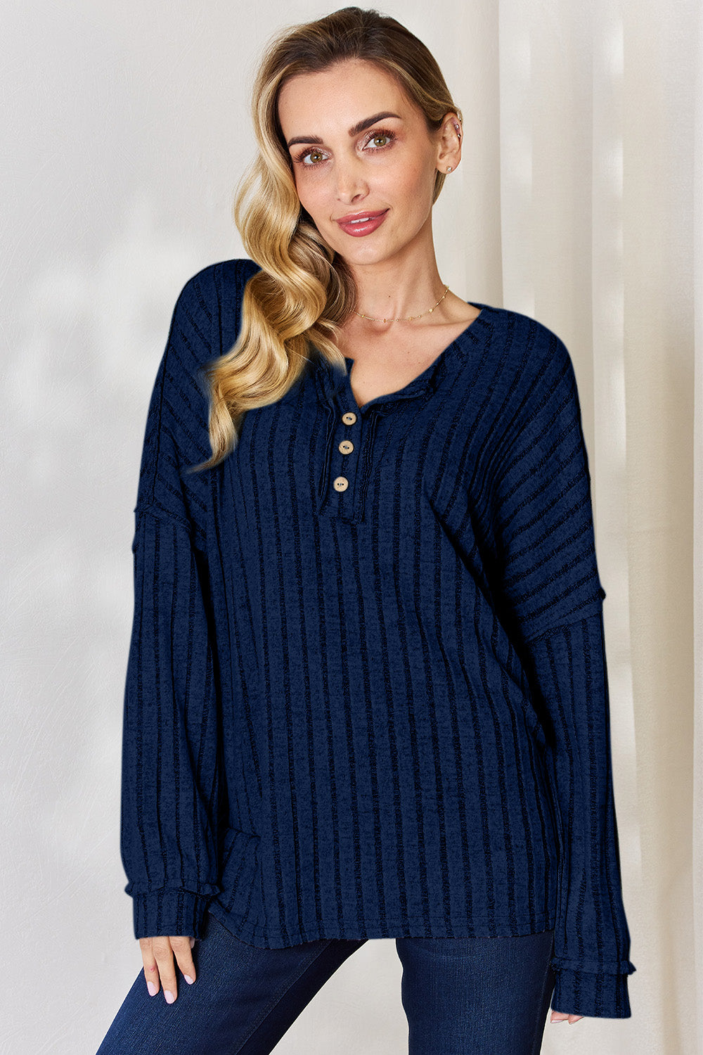 Cila Ribbed Half Button Long Sleeve T-Shirt