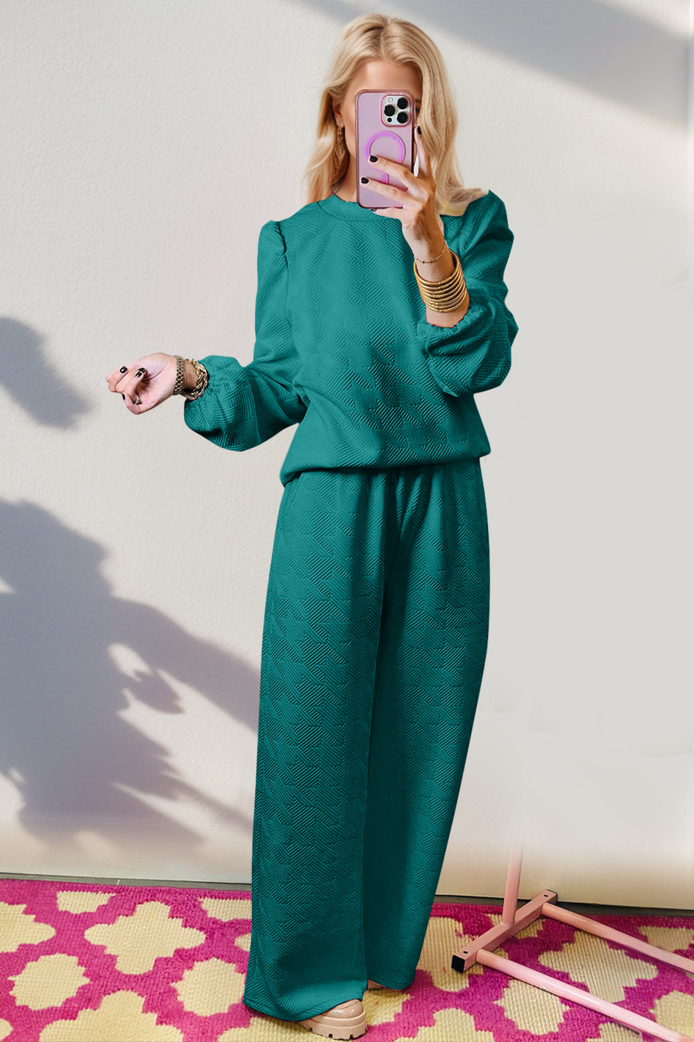 AubreyTexture Long Sleeve Top and Wide Leg Pants Set