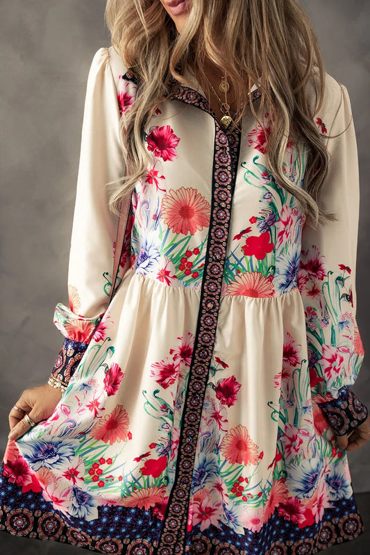 Milana Flower Button Down Lantern Sleeve Dress