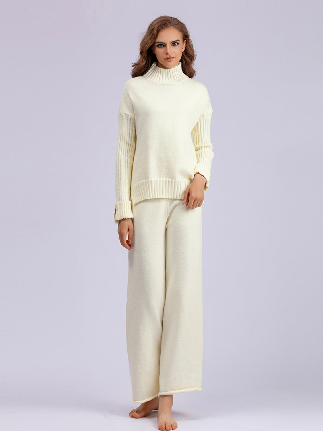 Carrie High- Low Turtleneck Long Sleeve Top and Pants Sweater Set