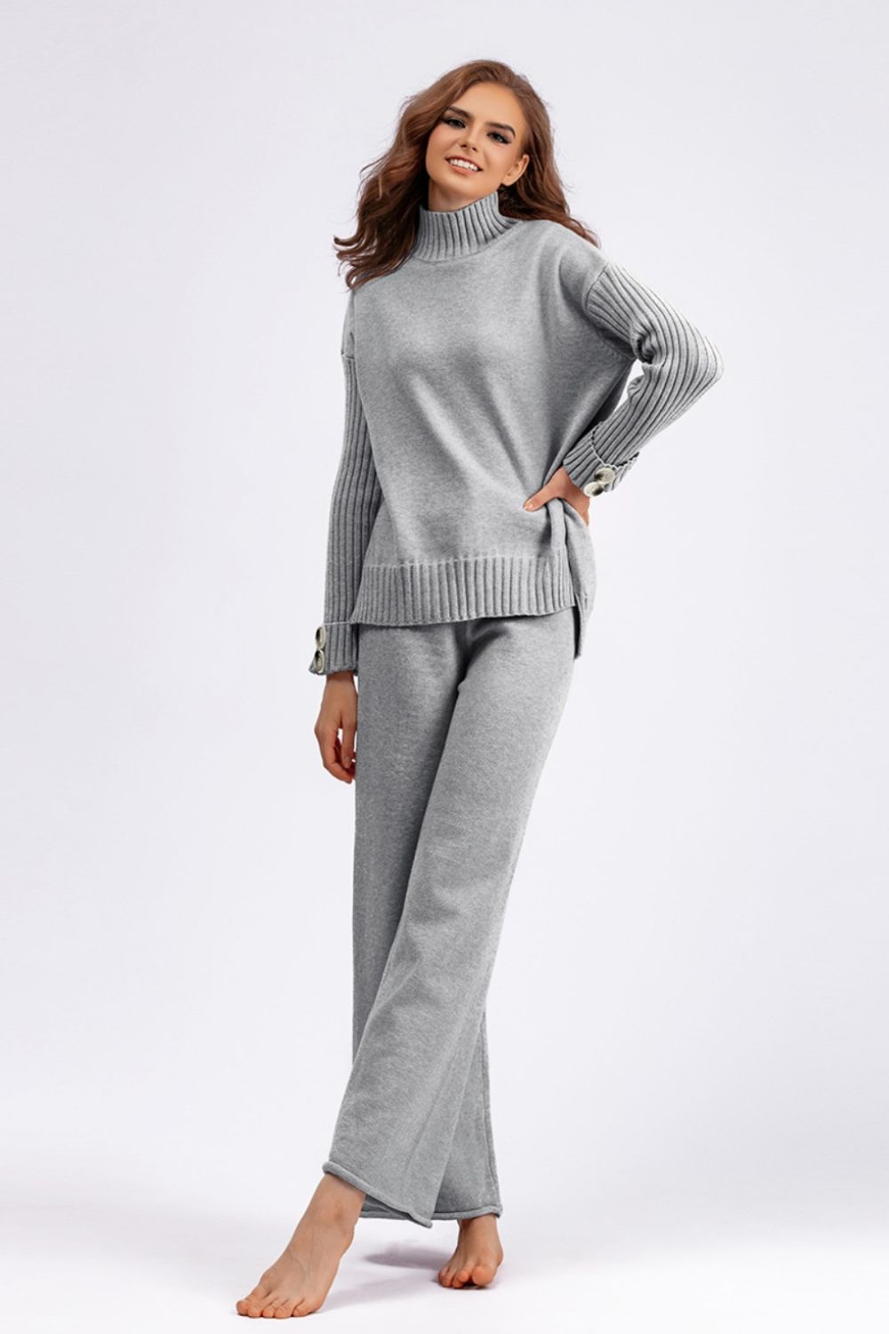 Carrie High- Low Turtleneck Long Sleeve Top and Pants Sweater Set