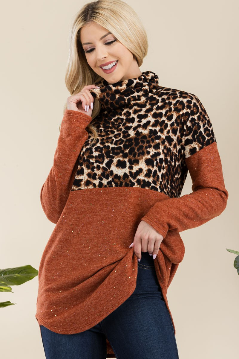 Curved Hem Leopard Turtleneck Long Sleeve Blouse