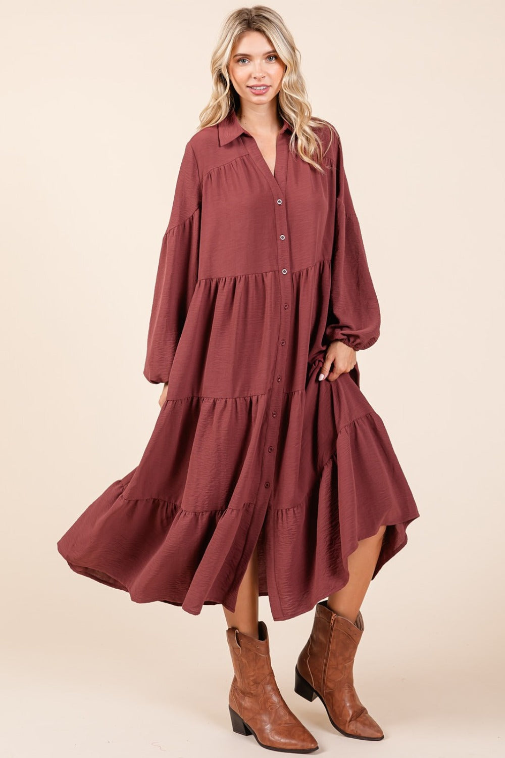 Mitta Tiered Button Down Long Sleeve Midi Dress