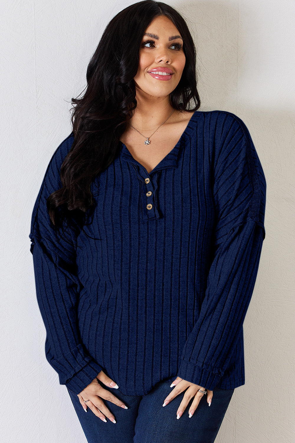 Cila Ribbed Half Button Long Sleeve T-Shirt