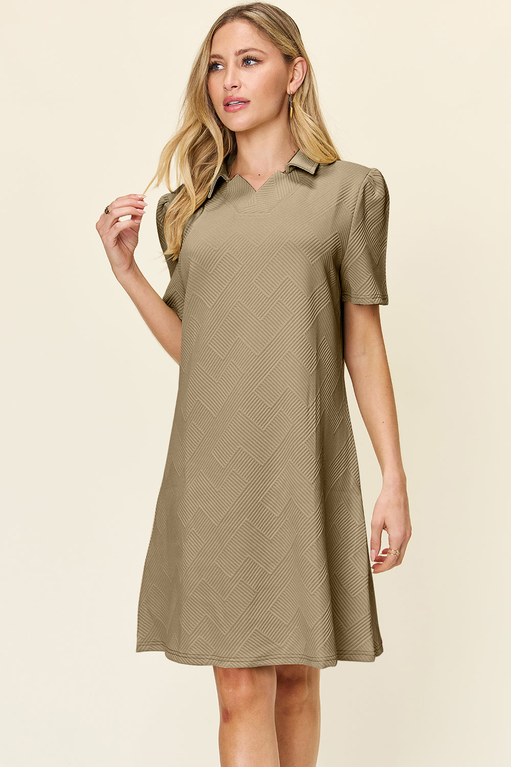 Texture Collared Neck Short Sleeve Dress