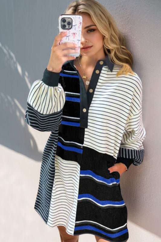 Gracie Striped Half Button Long Sleeve Mini Dress