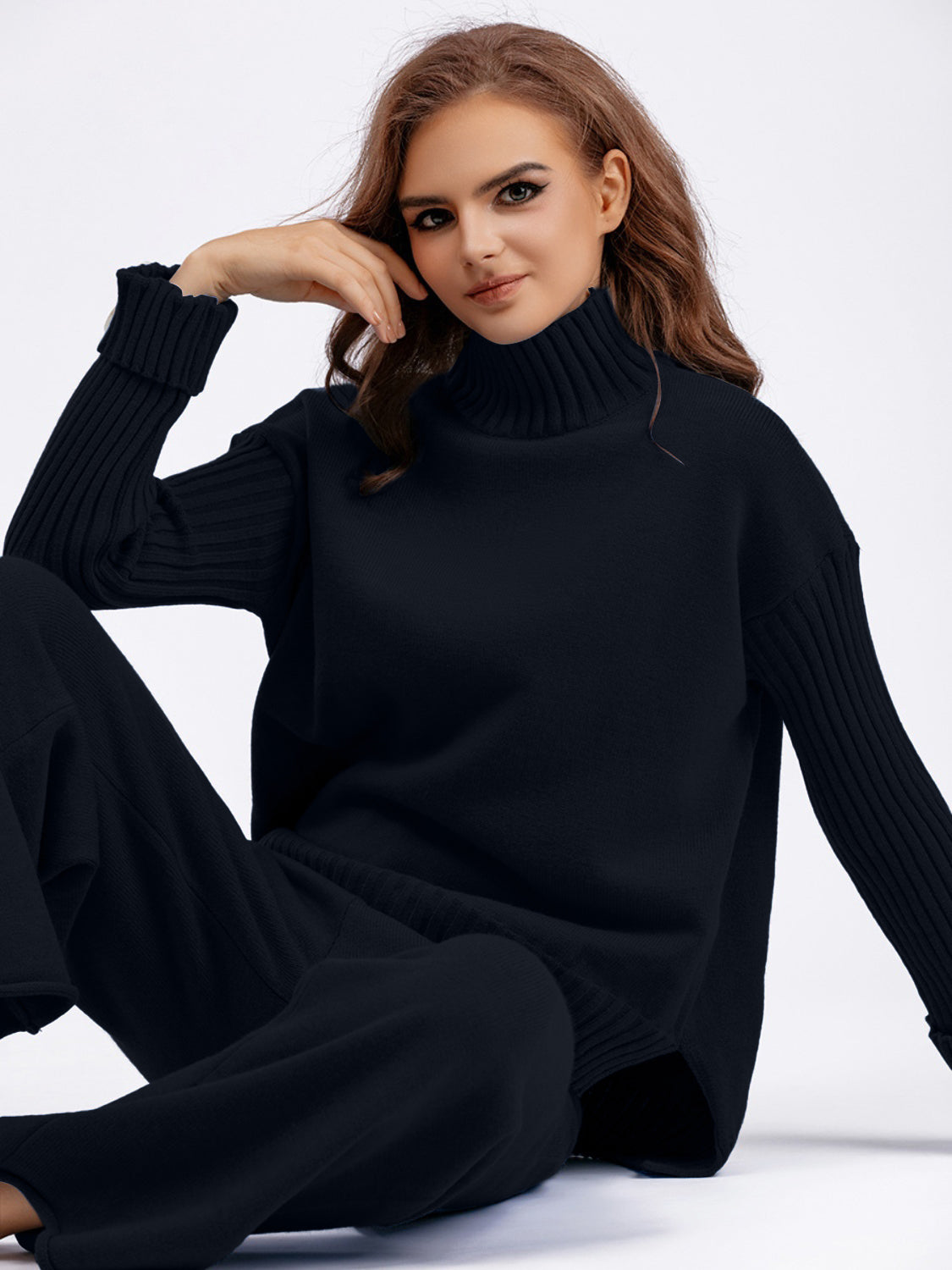 Carrie High- Low Turtleneck Long Sleeve Top and Pants Sweater Set