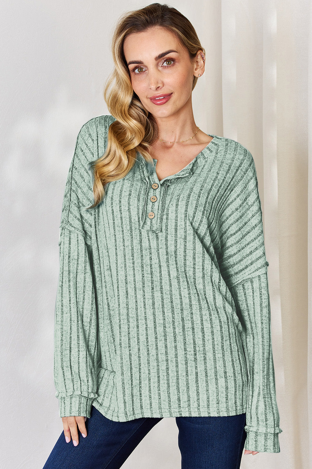 Cila Ribbed Half Button Long Sleeve T-Shirt