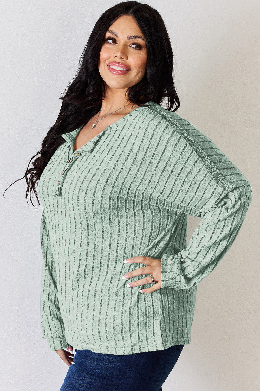 Cila Ribbed Half Button Long Sleeve T-Shirt