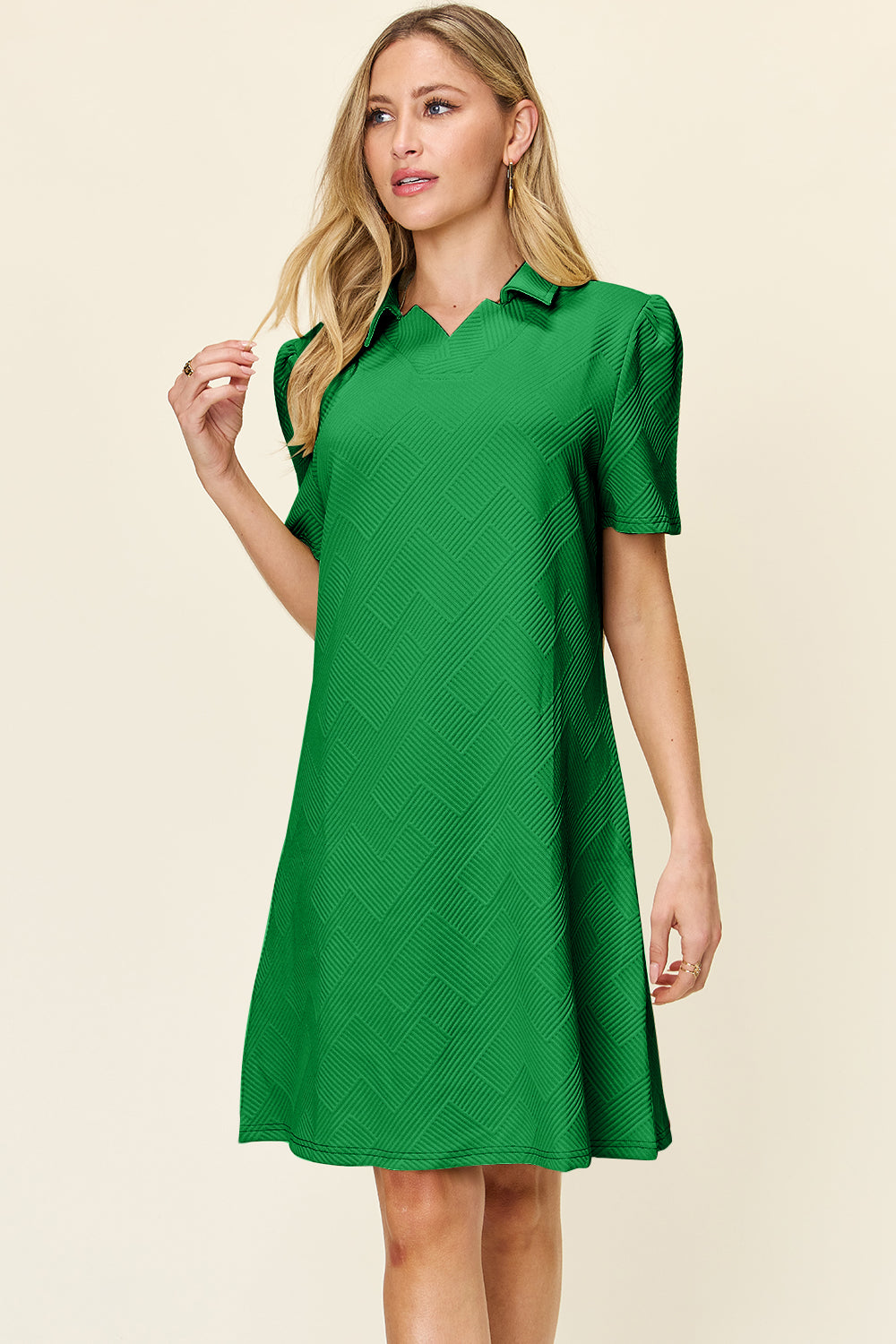 Texture Collared Neck Short Sleeve Dress