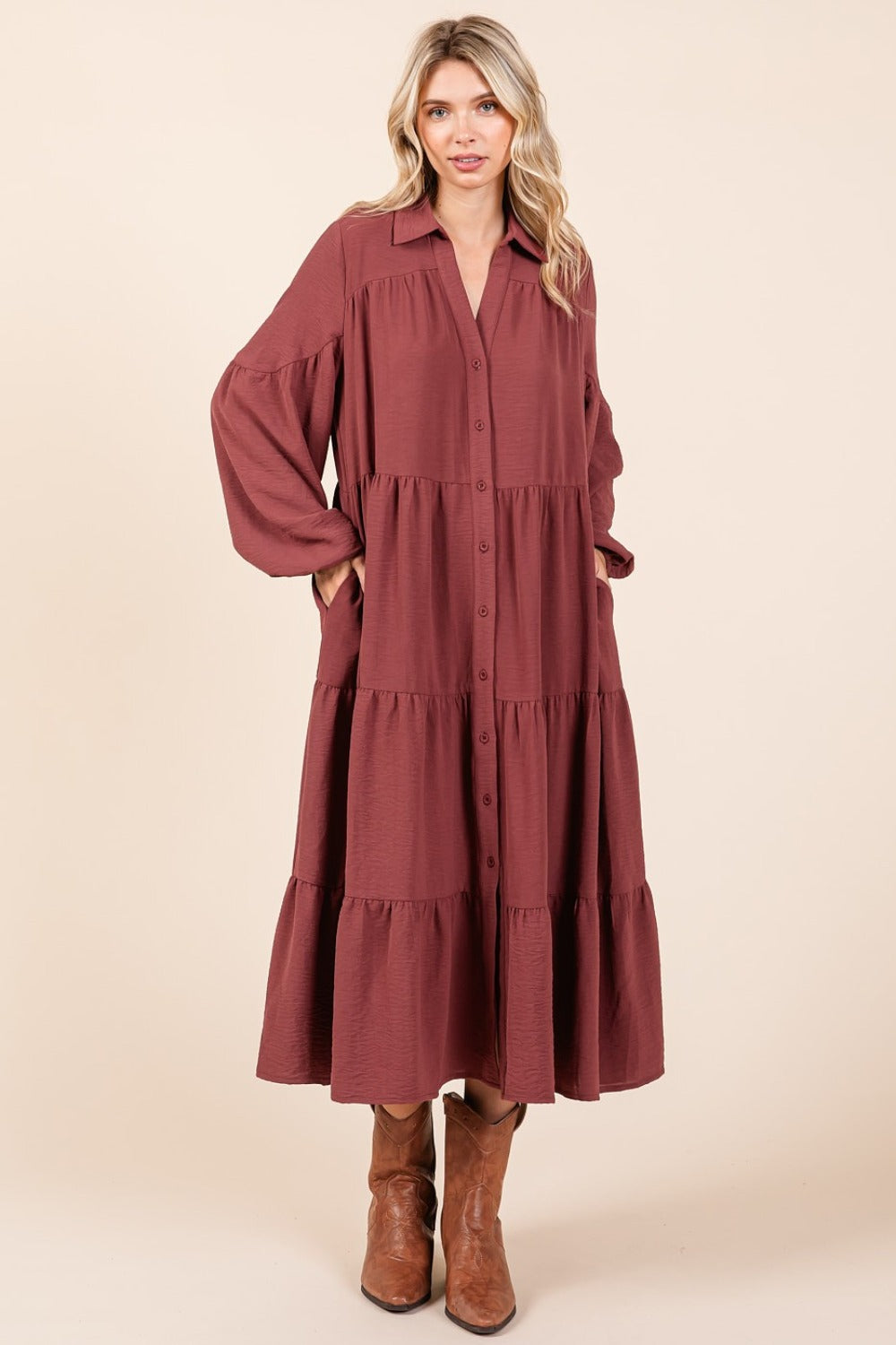 Mitta Tiered Button Down Long Sleeve Midi Dress