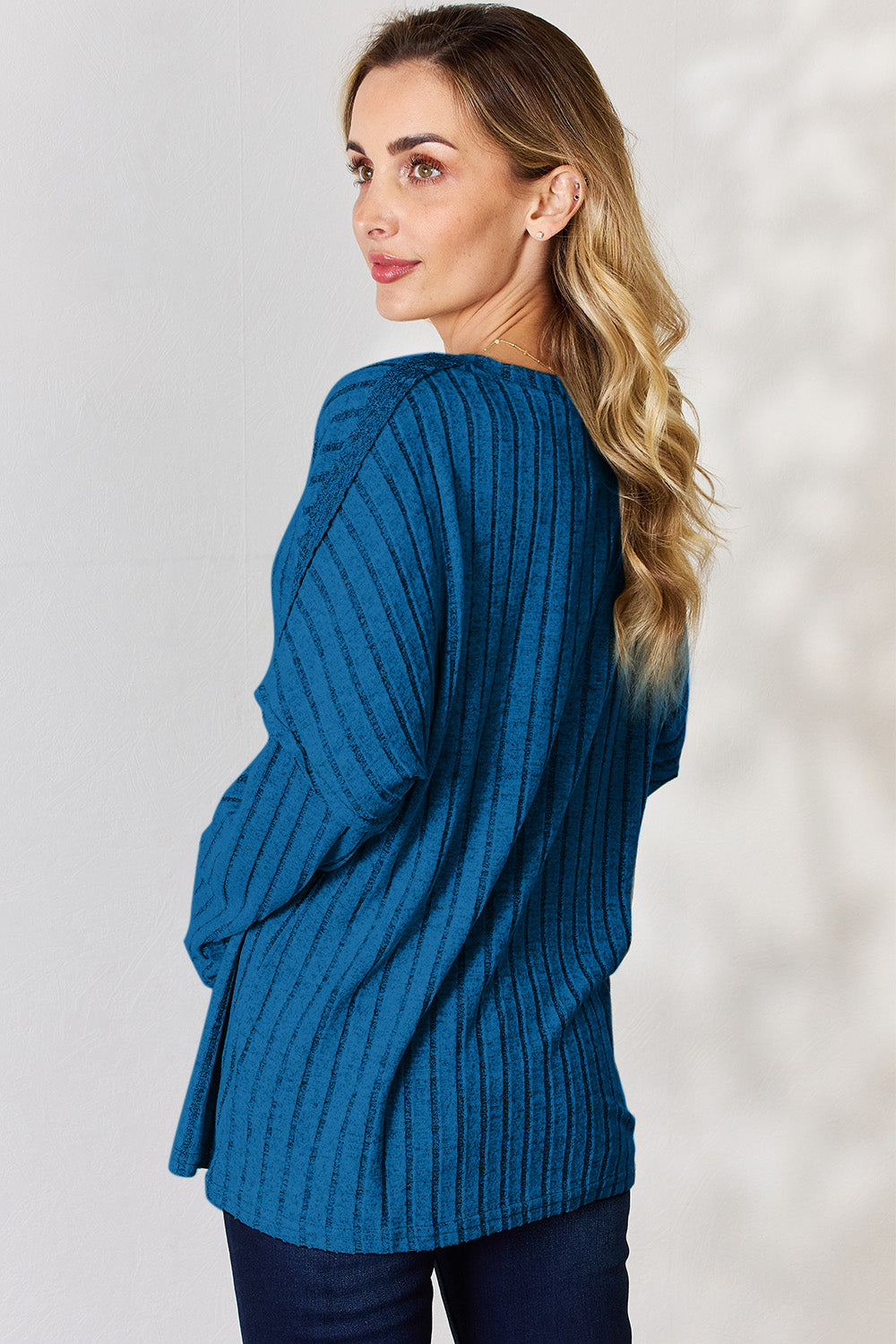 Cila Ribbed Half Button Long Sleeve T-Shirt